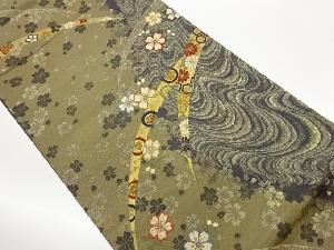 芝に花々・曲線模様織出し袋帯